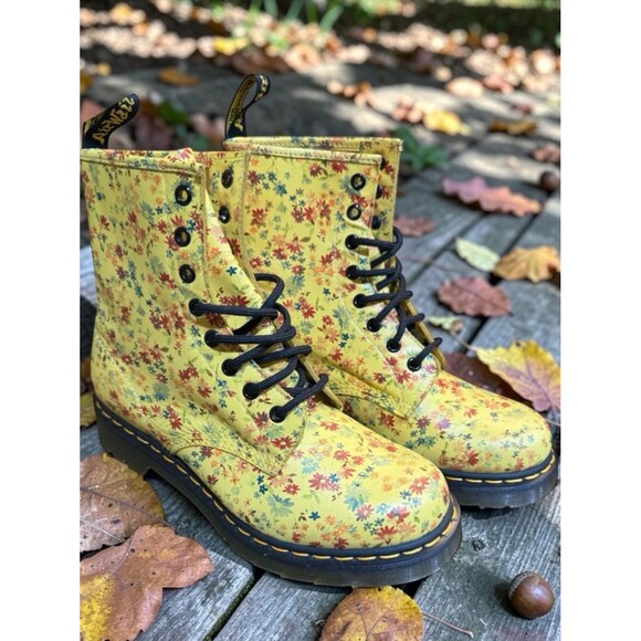 Dr. Martens Shoes - Dr. Martens RARE NIB 1460 Sun Yellow Little Flowers Floral Boots Women's size 9